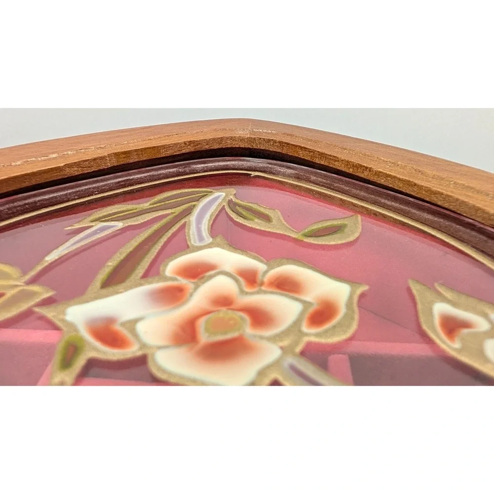 Vintage 1970s Mele Wooden Jewelry Box Floral Glass Lid Red Velvet Heart Taiwan